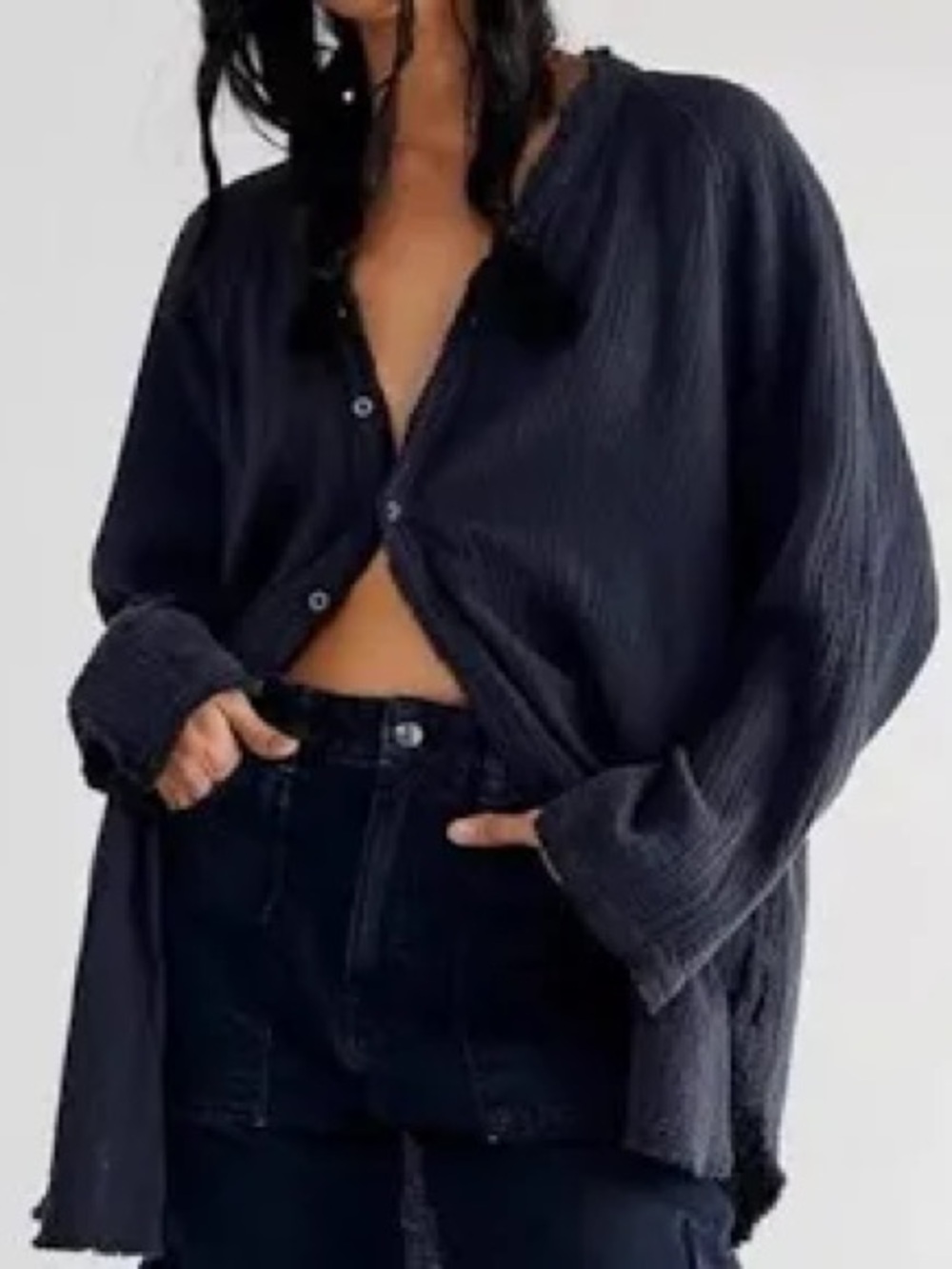 Free People Relaxed Waffle Knit Button-Down Top - Blue grey